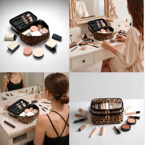 imerelez Double-layer Cosmetic Bag Makeup Bag Travel Makeup Bag Makeup Bags for Women Cosmetics Cases Portable Waterproof Foldable (Leopard)