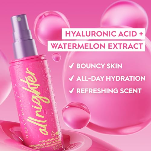 Urban Decay All Nighter Hyaluronic Acid Waterproof Dewy Setting Spray for Face (Travel Size), Luminous Glowy Look, Long-lasting, Smudge-proof & Transfer-resistant Makeup, Watermelon Scent - 1 fl oz