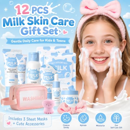 Milk Skin Care Set for Kids & Teens, 12 IN 1 Moisturizing Milk Skincare for Girls 10-12, Skincare for Kids Age 8-12, Birthday Gifts for Teen Girls, Face Care Kit, Korean Skin Care,12PCS