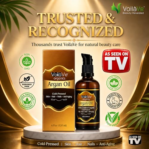 VoilaVe USDA Pure Organic Moroccan Argan Oil for Skin, Nails & Hair Growth, Anti-Aging Face Moisturizer, Cold Pressed, Hair Moisturizer, Rich in Vitamin E, As Seen On TV - 4 fl oz