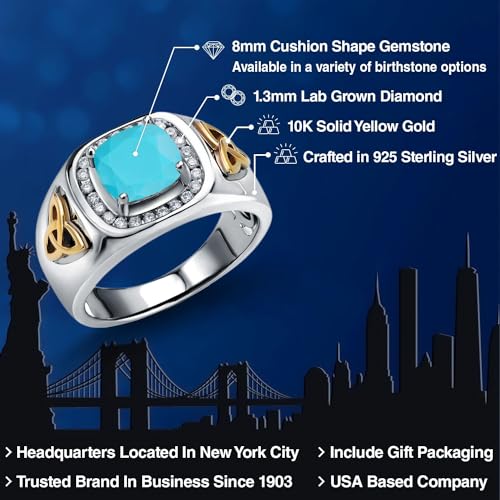 Gem Stone King 2.26 Cttw Green Turquoise and Lab Grown Diamond Men's Ring | 925 Silver and 10K Yellow Gold | Cushion Cut 8MM | Gemstone Birthstone | Available in Size 7, 8, 9, 10, 11, 12, 13 | Size 11