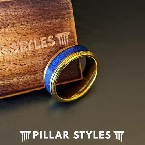 Pillar Styles 8mm Lapis Lazuli Ring 14K Gold Wedding Bands Blue Lapis Tungsten Rings for Men with Step Edges Unique for Him