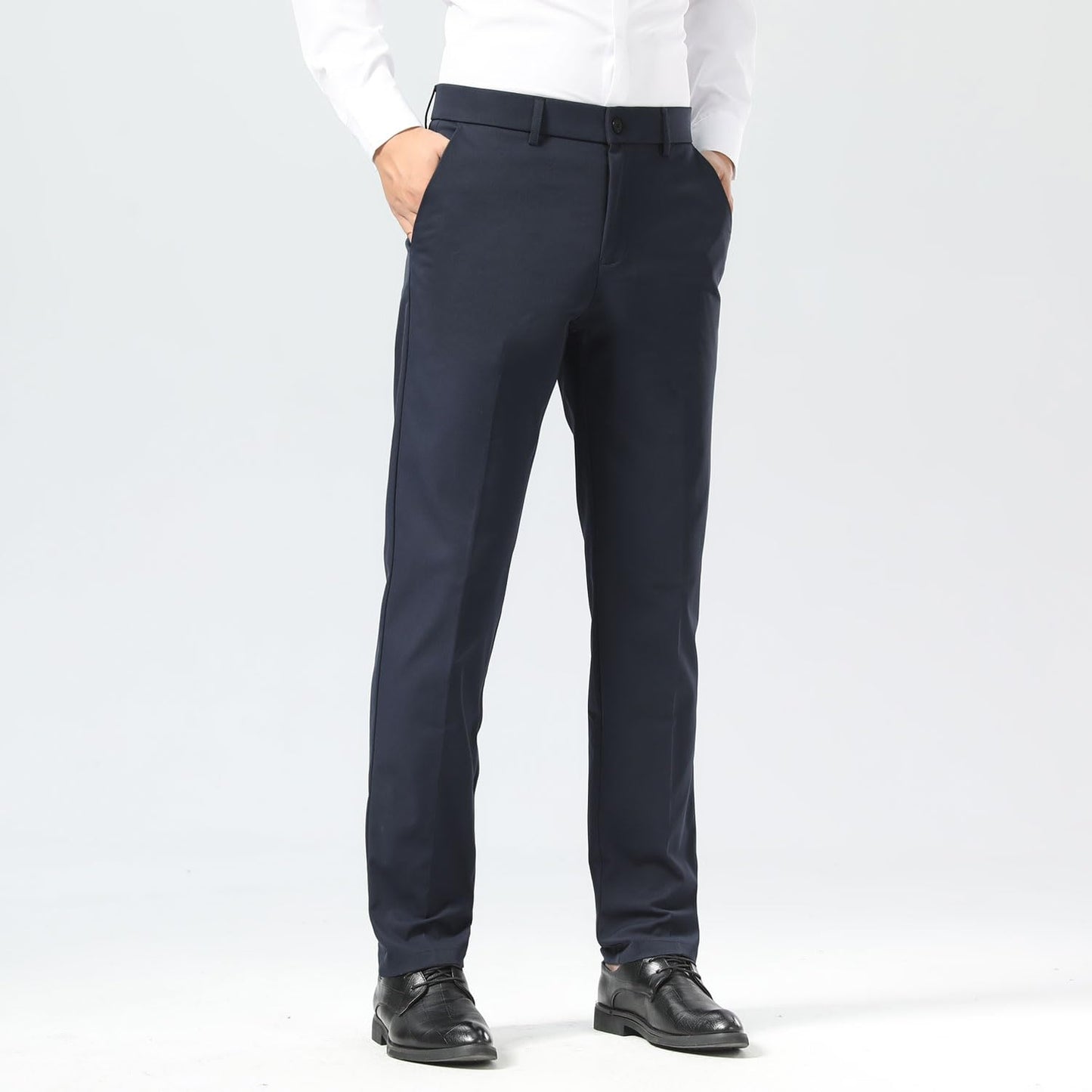 Plaid&Plain Men's Dress Pants Slim Fit Stretch Khaki Pants Wrinkle Free 8802 Navy Blue 32x30