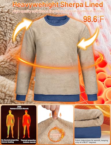 TACVASEN Sherpa Lined Sweatshirt Men Crew Neck Sweatshirt Warm Winter Fleece Lined Shirts Soft Thick Heavyweight Sweatshirts Blue grey