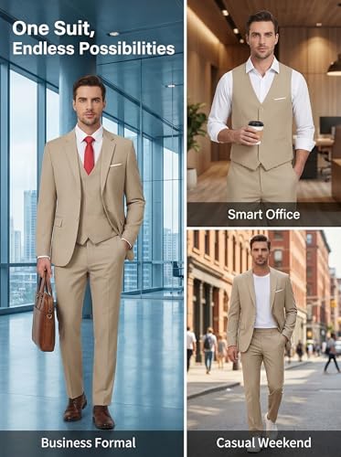 Men Suits 3 Piece Tan Suit Set for Men, Slim Fit Two Button Business Wedding Prom Tuxedo Suit Blazer Vest Pants with Tie-L