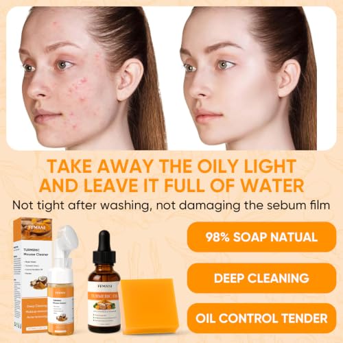 Turmeric Face Wash Set, Turmeric Facial Cleanser & Turmeric Soap Bar & Oil