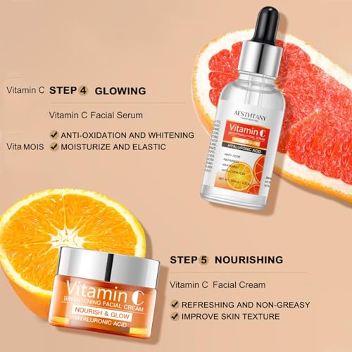 R RadiantRise Vitamin C Skin Care Set For Women , 5-In-1 Moisturizing Hyaluronic Acid Skin Care Routine with Facial Cleanser, Serum, Face Cream, Eye Cream, Toner