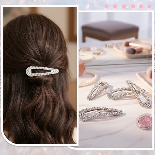 4PCS Rhinestone Hair Clips, Snap Barrettes for Women, Water Drop Crystal Hairs Barrettes, Bling Metal Snap Rhinestone Hairpins, Sparkle Hair Accessories for Women