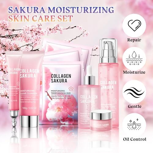 Sakura Skin Care Set,8 Pcs Hydrating Skincare Set Facial Kit for Women and Girls,Moisturizing Skin Care Kit with Facial Cleanser,Toner,Facial Serum,Face Masks,Eye Cream and Face Cream