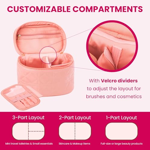 NESTORO Makeup Bag with Jewelry Case Set, Pink Quilted PU Leather with Handle, Gold Zipper