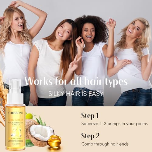 GREEONIL 24K Gold Argan, Coconut, and Olive Oil Serum for Frizz Control, Shine, and Split End Repair - Nourishing Hair Treatment with Vitamin E, 2.02 fl oz, 60ml