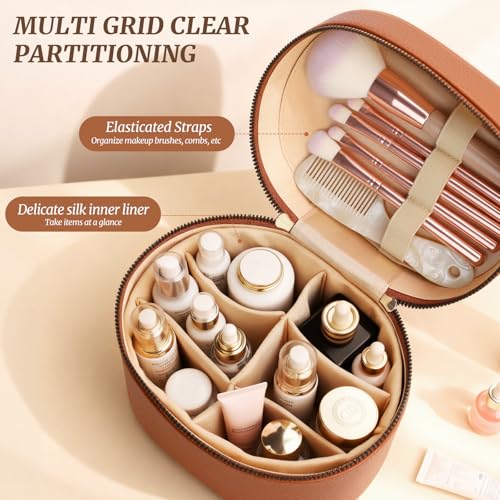 MaqSacion Makeup Bag Vanity Case for Women Leather Cosmetic Bag Makeup Organizer Case Portable Travel Toiletry Bag With Removable Compartments and Handle - Brown