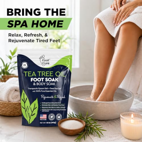 FOOT CURE Tea Tree Oil Foot Soak with Epsom Salt - Best Toenail Fungus Treatment, Athletes Foot & Softens Calluses - Soothes Sore & Tired Feet, Fungal Toe, Foot Odor Scent, Spa Pedicure (Pack of 2)