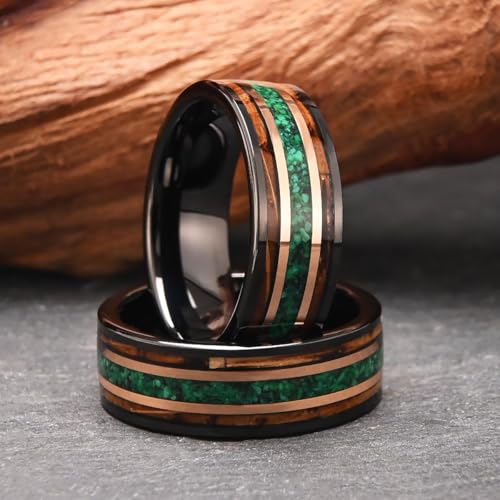 Concept Knight Tungsten Rings for Mens Wedding Band Inlaid Wood＆Green Opal