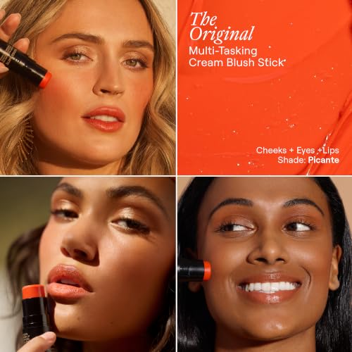 Nudestix Nudies Blush Stick – 3-in-1 Cream Blush for Cheeks, Eyes & Lips with Built-In Brush | Soft Matte Finish for a Natural Flush | Clean, Vegan & Travel-Friendly Makeup (Picante)