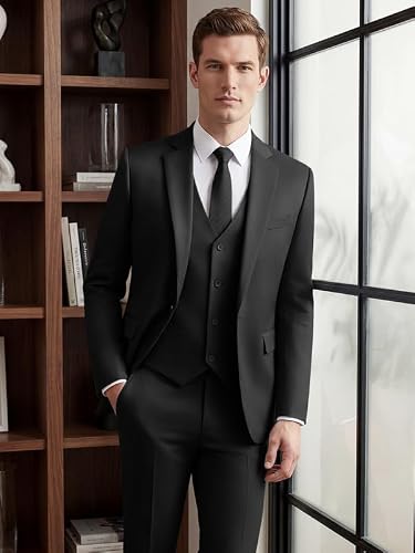 MAGE MALE Men's 3 Piece Suit Slim Fit One Button Business Wedding Formal Blazer Jacket Vest Pants Set Black