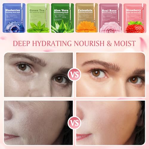Aottom 30pcs Face Masks Skincare, Bulk Facial Masks for Women Skin Care, Sheet Masks with Natural Ingredients, Gifts Set for Face Spa, Birthday Party Spa Gift
