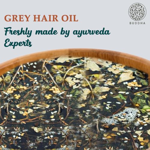 Buddha Natural Hair Oil for Greys & Whites (150 ml, 5.1 Oz) - Restore Natural Black Color of Hair With Unique Herbs oil blend For Men and Women - 100% Ayurvedic - No Mineral Oil