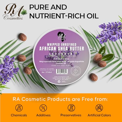 RA COSMETICS Whipped Shea Butter with Lavender Extract – 100% Unrefined Shea Body Butter from Ghana – Moisturizes Skin, Nourishes & Conditions Hair – Softens and Smooths Lips, Hands & Feet – 12oz