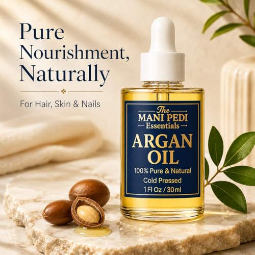 The Mani Pedi Essentials TMPE Argan Oil, Cold Pressed Hair and Skin Oil for Dry Hair, Face and Body Moisturizer, 1 Fl Oz