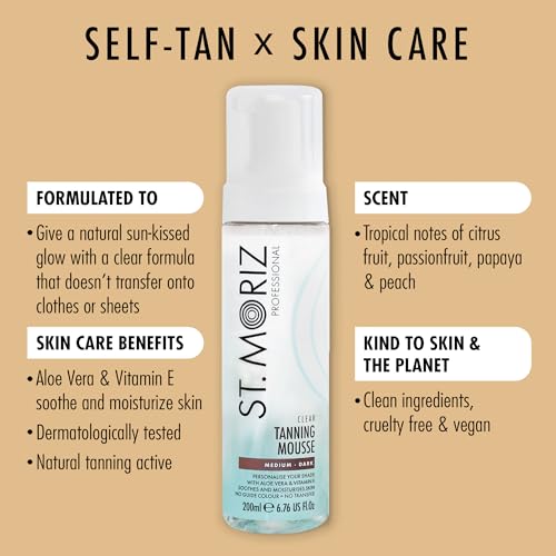 St Moriz Professional Clear Tanning Mousse with Aloe Vera & Vitamin E, Fast Drying Vegan Fake Tan, Medium to Dark (200ml)