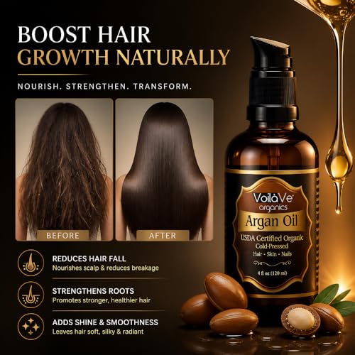 VoilaVe USDA Pure Organic Moroccan Argan Oil for Skin, Nails & Hair Growth, Anti-Aging Face Moisturizer, Cold Pressed, Hair Moisturizer, Rich in Vitamin E, As Seen On TV - 4 fl oz