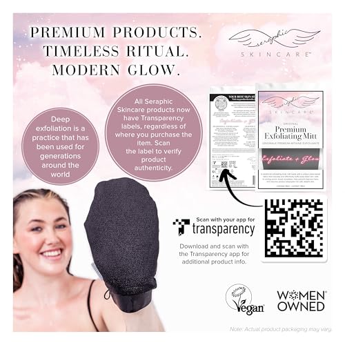 Seraphic Skincare Original Premium Exfoliating Mitt for Body (1pc) – 100% Vegan Viscose Traditional Body Scrub Glove Kessa Korean Washcloth – Body Exfoliator for Self-Tan Removal & Keratosis Pilaris