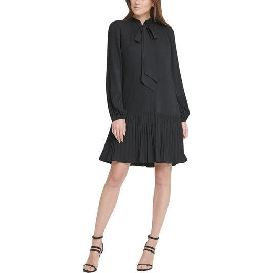 DKNY Women's Long Sleeve Tie Neck Pleated Dress, True Black, 12