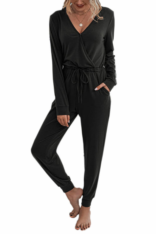 Adibosy Women Jumpsuits Long Sleeve: Black Casual Pant Rompers for Womens V Neck Jumper One Piece Outfits with Pockets L