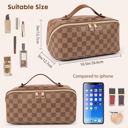 BAYANKALA Leather Travel Makeup Bag, Large Capacity Cosmetic Bag for Women, Waterproof Portable Pouch with Divider, Toiletry Organizer with Handle, 10.5x5x5 Inches, Deep Brown