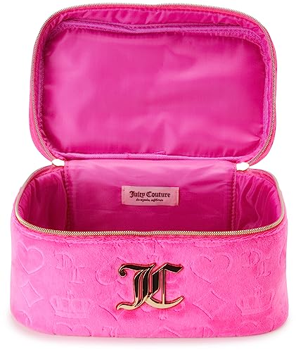 Juicy Couture Hot Pink Makeup Bag Cosmetics Organizer Travel Essentials Train Case Velour Heart Crown