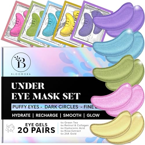 BLOOMORA Variety Under Eye Patches (20 Pairs) - Eye Mask for Dark Circles, Puffiness & Wrinkles Care - 5 Varieties with Hyaluronic Acid, Green Tea, Rose, 24K Gold and Retinol & Collagen