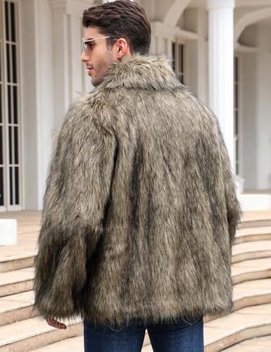 Flygo Mens Faux Fur Coat Winter Jackets Fluffy Lapel Long Sleeve Furry Fur Jacket Coats Thick Outerwear(Khaki-XL)