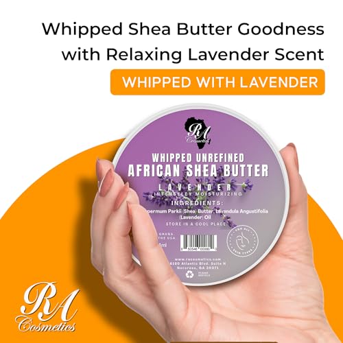 RA COSMETICS Whipped Shea Butter with Lavender Extract – 100% Unrefined Shea Body Butter from Ghana – Moisturizes Skin, Nourishes & Conditions Hair – Softens and Smooths Lips, Hands & Feet – 12oz