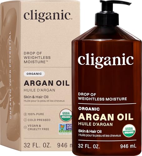 Cliganic Organic Argan Oil, 100% Pure - for Hair, Face & Skin | Cold Pressed Carrier Oil, 32 oz
