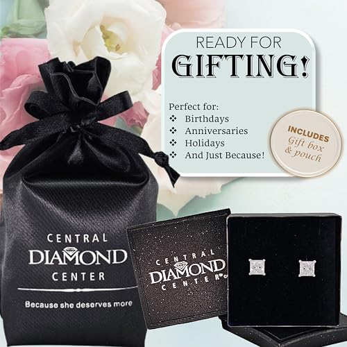 Central Diamond Center 14K Gold Posts & Sterling Silver Princess Cut CZ Stud Earrings Made with Swarovski Zirconia - 5.0mm 1.50cttw - Platinum Plated