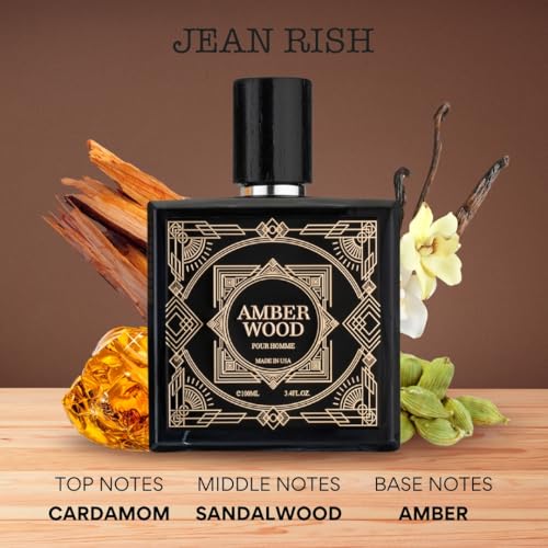 Jean Rish Amber Wood Perfume for Men Eau De Toilette, Long-Lasting Luxury Fragrance, Made In USA - Sandalwood, Amber, Vanilla Scent - 100ml / 3.4 oz