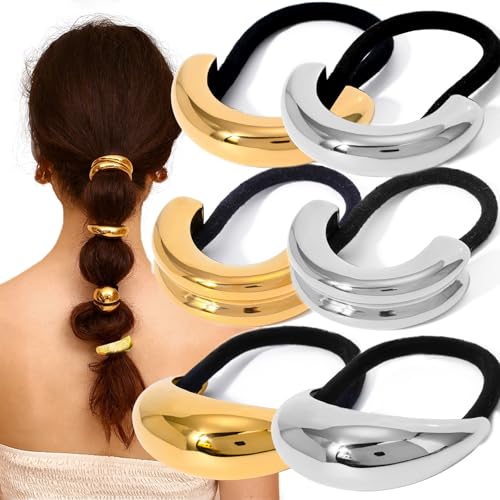 KuuGuu 6 PCS Metal Hair Ties Geometric Elastic Hair Ties Fashion Anti-Slip Glossy Arch Ponytail Hair Band Elegant Hair Cuff Wrap Hair Ties for Thick Hair for Women Hair Accessories （Gold, Silver）