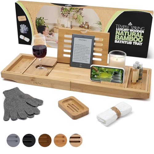 Temple Spring Bamboo Bathtub Tray Caddy for Tub — Expandable Wood Bath Tray with Solid Book Stand Wine Holder and Non-Slip Pads — Includes Bamboo Soap Dish and Spa Accessories — Luxury Bath Gift Set