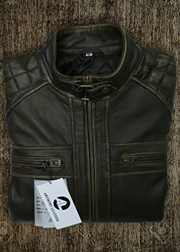 Mens Genuine Leather Biker Jacket Black | Vintage Brown Distressed Lambskin Motorcycle Jackets for Men (Distressed Brown, X-Large)