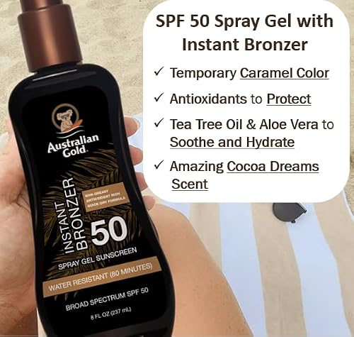 Australian Gold Spray Gel Sunscreen with Instant Bronzer SPF 50, 8 Ounce | Moisturize & Hydrate Skin | Broad Spectrum | Water Resistant,B07DG52KLY