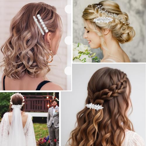 Nogeqi 4PCS Sparkly Rhinestone Hair Clips for Women, Silver Flower Crystal Hair Clips, Metal Alloy Rhinestone Barrettes Accessories for Wedding, Party, Everyday