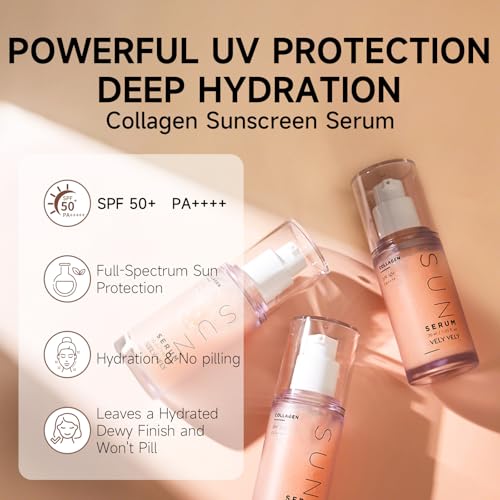 VELY VELY Collagen Sunscreen Serum SPF 50+ PA++++, Broad Spectrum Face Sunscreen Lightweight, Non-Sticky, No-Pilling Hydrating Formula for Sensitive Skin 30ml/1.01 oz