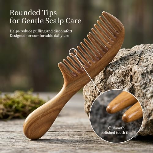 Onedor Handmade 100% Natural Green Sandalwood Hair Combs - Anti-Static Sandalwood Scent Natural Hair Detangler Wooden Comb (Wide Tooth),1 Count (Pack of 1)