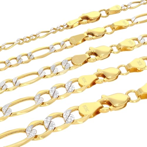 Nuragold 10k Real Yellow Gold Figaro Link Pave Diamond Cut Chain Bracelet - 4.5mm,7"