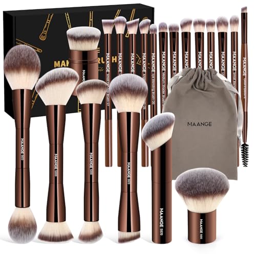 MAANGE 20 PCS Foundation Makeup Brush Set, Double-ended Kabuki Contour Brush for Liquid Powder Concealer Blending Blush Face Makeup Tools with Gift Box (Coffee)