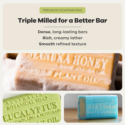 Australian Botanical Soap Variety Pack, 6.6 oz Bars – Goat Milk, Eucalyptus, Manuka Honey, Sea Salt, Pink Lychee, Lemongrass, Raspberry, Valencia Orange – Enriched with Organic Shea Butter, Pack of 8