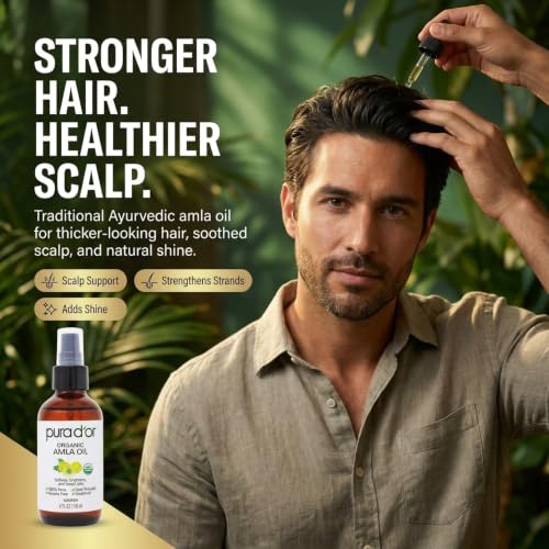 PURA D'OR 4 Oz ORGANIC Amla Oil, 100% Pure USDA Certified Premium Grade, Cold Pressed, Unrefined, Extra Virgin, Hair Serum & Thickening Hair Product w/Pump for Women & Men, Ayurvedic Skin Care