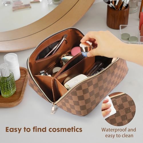 BAYANKALA Leather Travel Makeup Bag, Large Capacity Cosmetic Bag for Women, Waterproof Portable Pouch with Divider, Toiletry Organizer with Handle, 10.5x5x5 Inches, Deep Brown