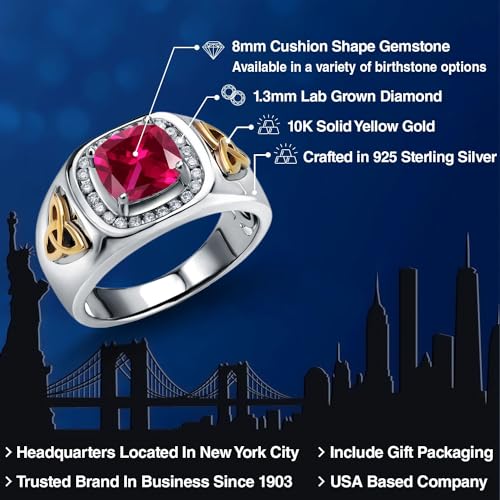 Gem Stone King Two-Tone Cushion Cut Ring for Men | Created Ruby | 9